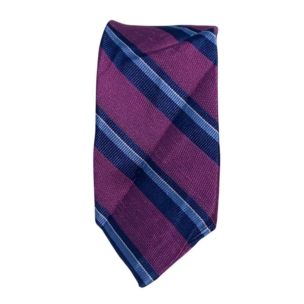 Vtg 1990s Skinny Necktie Red Blue Stripe Linen Silk 62.5 x 2.5 The Tie Bar